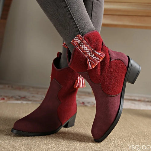 Women's boots thick heel round toe mid top retro