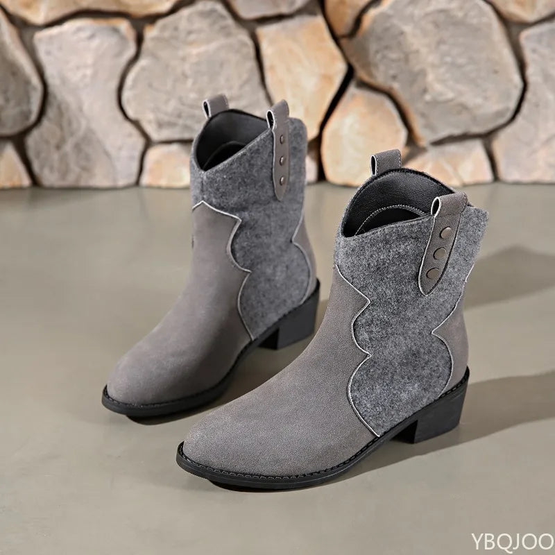 Women's boots thick heel round toe mid top retro