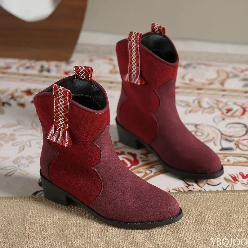 Women's boots thick heel round toe mid top retro