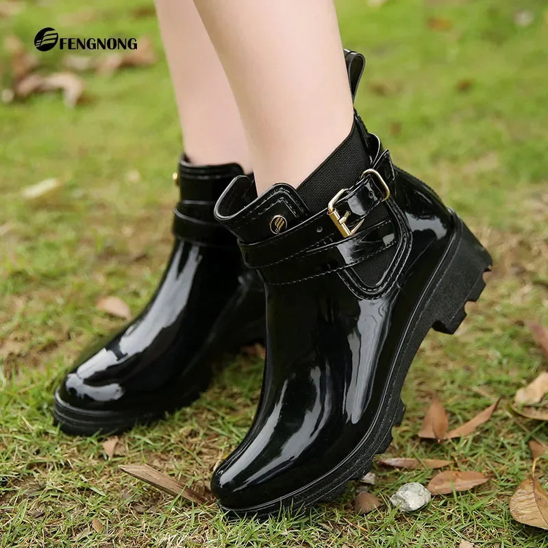 Women Leather Ankle Boot Waterproof Rubber