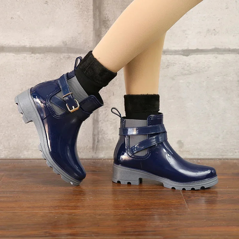 Women Leather Ankle Boot Waterproof Rubber