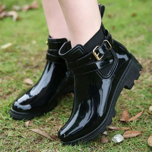 Women Leather Ankle Boot Waterproof Rubber