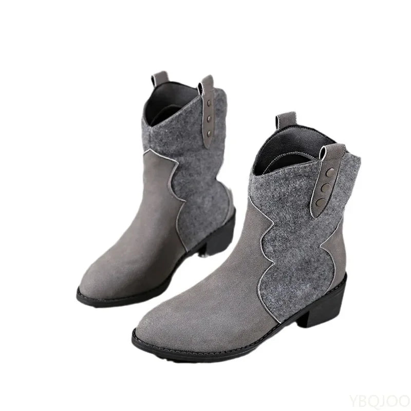 Women's boots thick heel round toe mid top retro