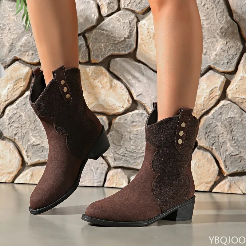 Women's boots thick heel round toe mid top retro