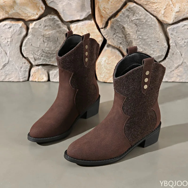Women's boots thick heel round toe mid top retro