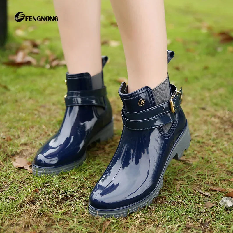 Women Leather Ankle Boot Waterproof Rubber