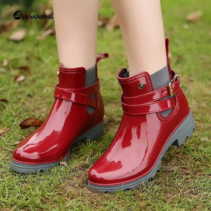 Women Leather Ankle Boot Waterproof Rubber