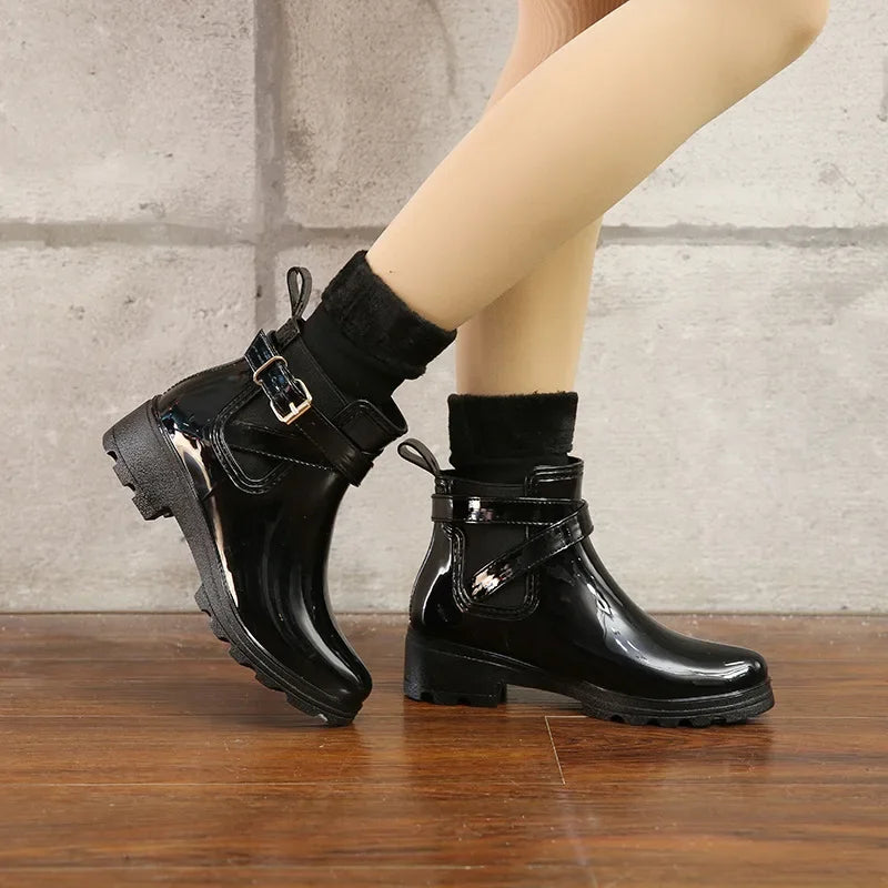 Women Leather Ankle Boot Waterproof Rubber